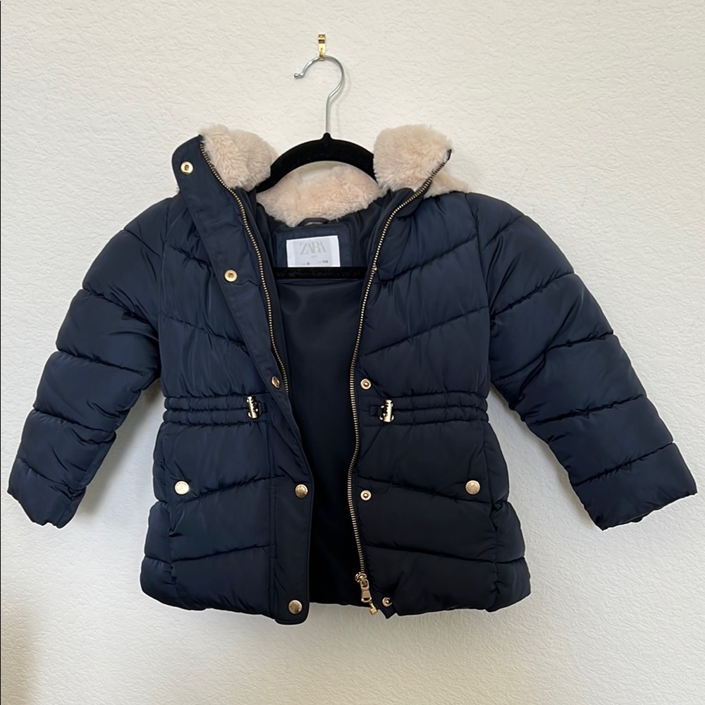 Zara Dark Blue Puffer Jacket with Cream Fur